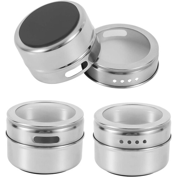 12 Magnetic Spice Jars Silver Steel w/ Sift Pour Lids + 120 Labels Organizer - Picture 2 of 6